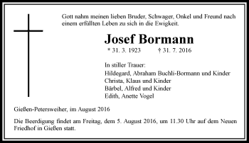 Traueranzeige von Josef Bormann von  Gießener Anzeiger