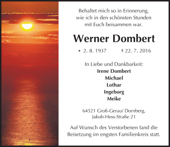 Traueranzeige von Werner Dombert von Trauerportal Echo Online