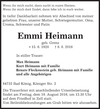 Traueranzeige von Emmi Heimann von Trauerportal Echo Online