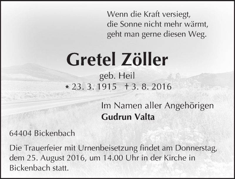  Traueranzeige für Gretel Zöller vom 20.08.2016 aus Trauerportal Echo Online
