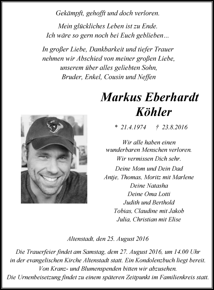  Traueranzeige für Markus Eberhardt Köhler vom 25.08.2016 aus  Kreisanzeiger