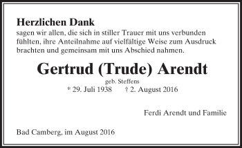 Traueranzeige von Gertrud Arendt von  Camberger Anzeiger