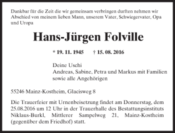 Traueranzeige von Hans-Jürgen Folville von Trauerportal Rhein Main Presse