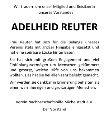 Traueranzeige von Adelheid Reuter von Trauerportal Echo Online