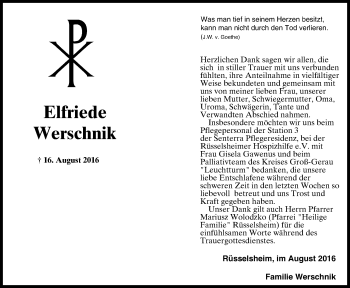 Traueranzeige von Elfriede Werschnik von Trauerportal Echo Online
