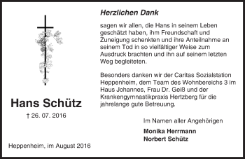 Traueranzeige von Hans Schütz von Trauerportal Echo Online