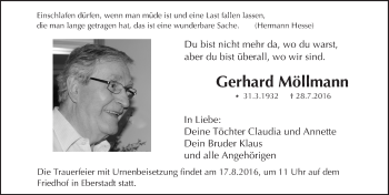 Traueranzeige von Gerhard Möllmann von Trauerportal Echo Online