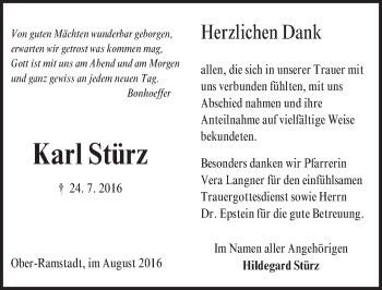 Traueranzeige von Karl Stürz von Trauerportal Echo Online
