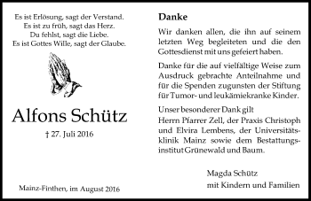 Traueranzeige von Alfons Schütz von Trauerportal Rhein Main Presse