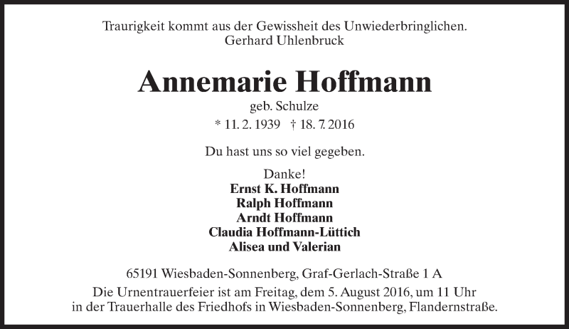  Traueranzeige für Annemarie Hoffmann vom 03.08.2016 aus Trauerportal Rhein Main Presse