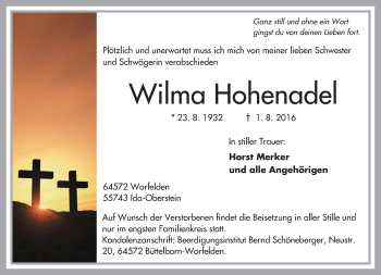 Traueranzeige von Wilma Hohenadel von Trauerportal Echo Online