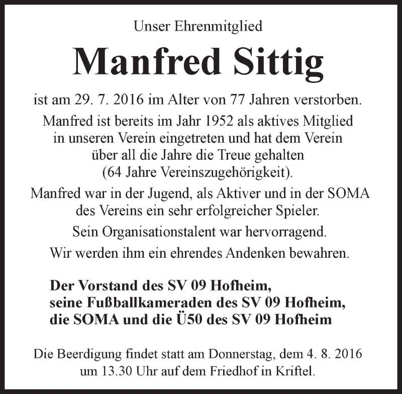  Traueranzeige für Manfred Sittig vom 02.08.2016 aus Trauerportal Rhein Main Presse