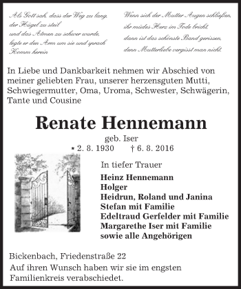 Traueranzeige von Renate Hennemann von Trauerportal Echo Online