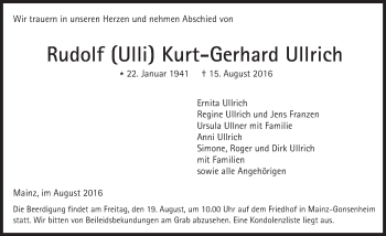 Traueranzeige von Rudolf Kurt-Gerhard Ullrich von Trauerportal Rhein Main Presse