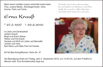 Traueranzeige von Erna Krauß von Trauerportal Echo Online