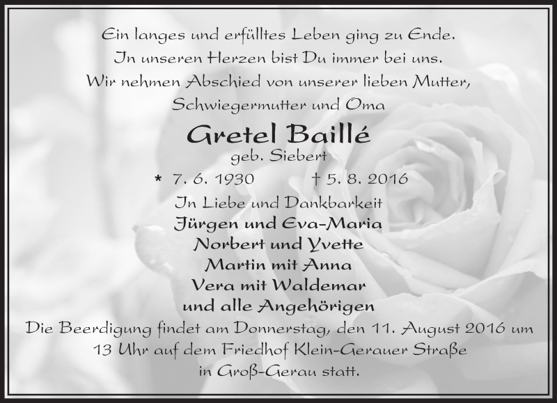  Traueranzeige für Gretel Baillé vom 09.08.2016 aus Trauerportal Echo Online