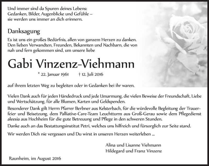  Traueranzeige für Gabi Vinzenz-Viehmann vom 06.08.2016 aus Trauerportal Rhein Main Presse