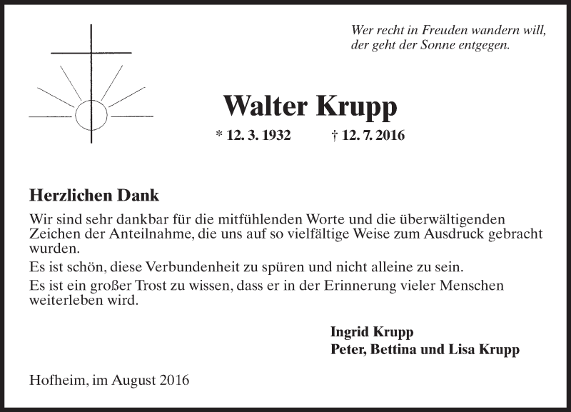  Traueranzeige für Walter Krupp vom 30.08.2016 aus Trauerportal Rhein Main Presse