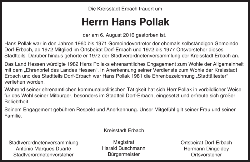  Traueranzeige für Hans Pollak vom 16.08.2016 aus Trauerportal Echo Online