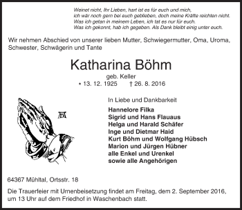 Traueranzeige von Katharina Böhm von Trauerportal Echo Online