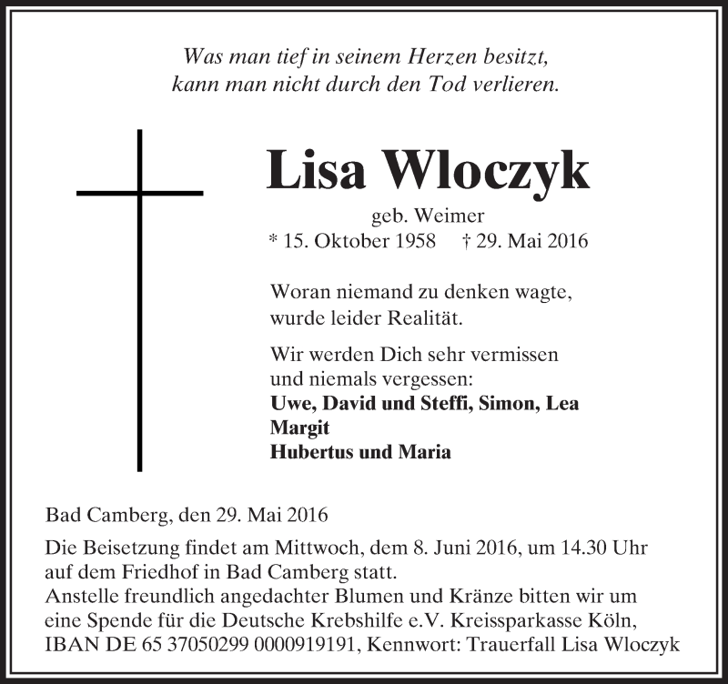  Traueranzeige für Lisa Wloczyk vom 02.06.2016 aus  Camberger Anzeiger