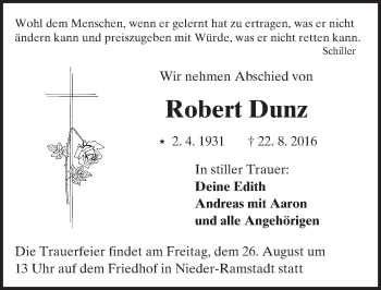 Traueranzeige von Robert Dunz von Trauerportal Echo Online
