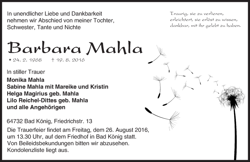  Traueranzeige für Barbara Mahla vom 24.08.2016 aus Trauerportal Echo Online