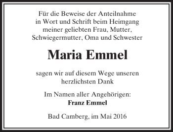 Traueranzeige von Maria Emmel von  Camberger Anzeiger