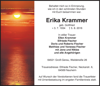 Traueranzeige von Erika Krammer von Trauerportal Echo Online