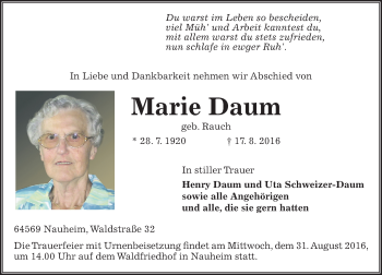 Traueranzeige von Marie Daum von Trauerportal Echo Online