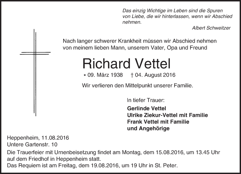  Traueranzeige für Richard Vettel vom 11.08.2016 aus Trauerportal Echo Online