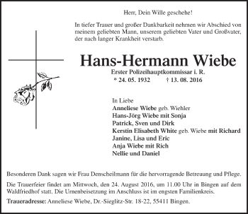 Traueranzeige von Hans-Hermann Wiebe von Trauerportal Rhein Main Presse