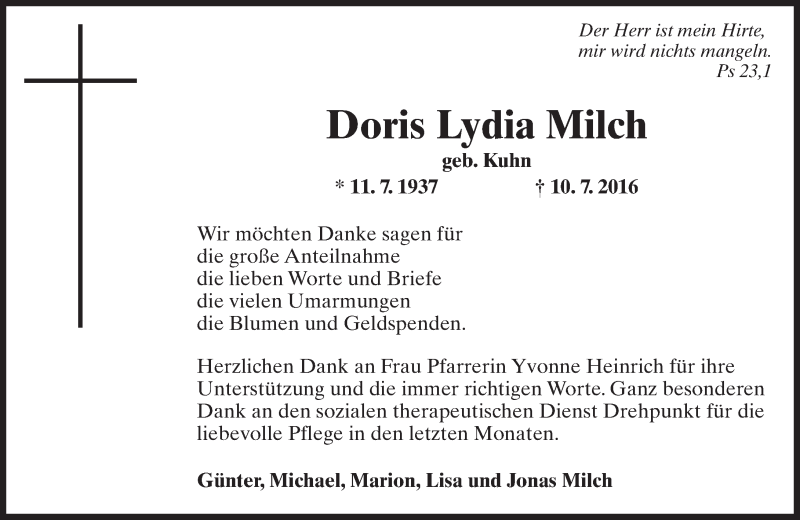  Traueranzeige für Doris Lydia Milch vom 06.08.2016 aus Trauerportal Rhein Main Presse