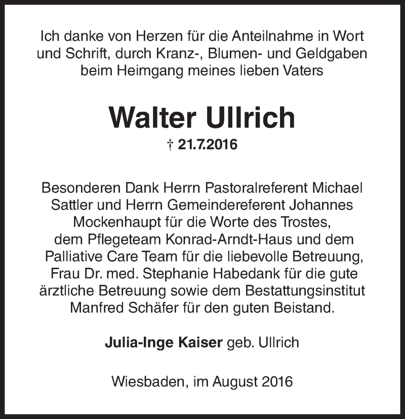  Traueranzeige für Walter Ullrich vom 27.08.2016 aus Trauerportal Rhein Main Presse