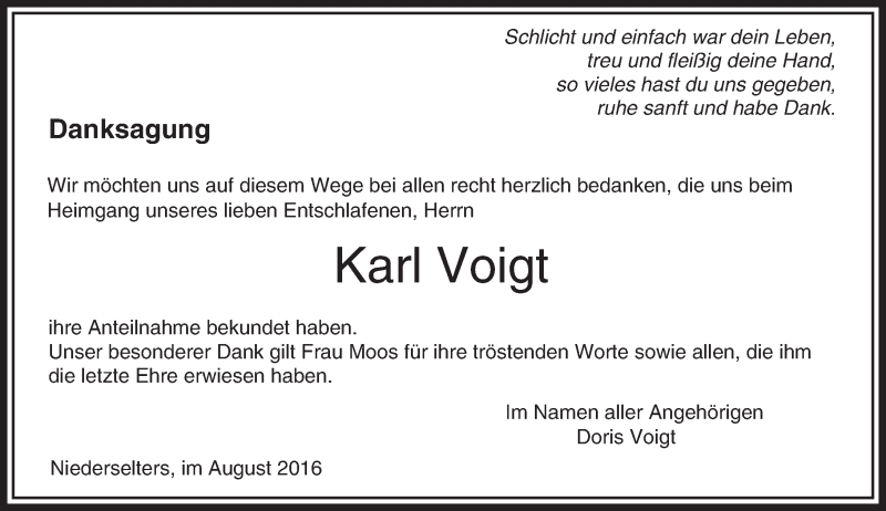  Traueranzeige für Karl Voigt vom 11.08.2016 aus  Camberger Anzeiger