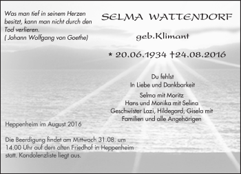 Traueranzeige von Selma Wattendorf von Trauerportal Rhein Main Presse