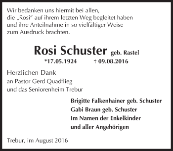 Traueranzeige von Rosi Schuster von Trauerportal Echo Online