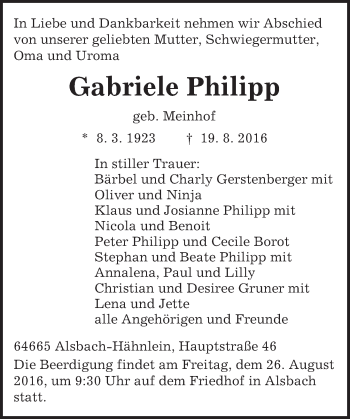 Traueranzeige von Gabriele Philipp von Trauerportal Echo Online
