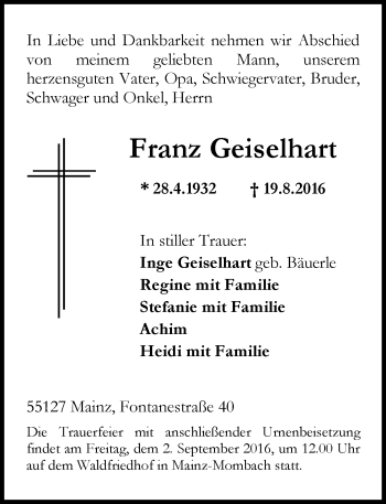 Traueranzeige von Franz Geiselhart von Trauerportal Rhein Main Presse