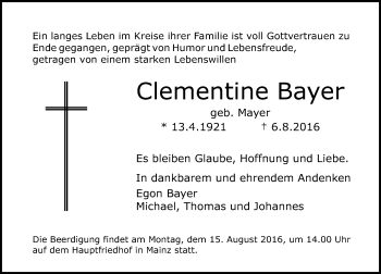 Traueranzeige von Clementine Bayer von Trauerportal Rhein Main Presse