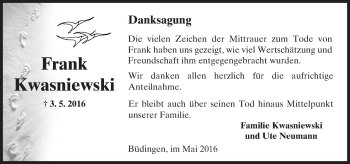 Traueranzeige von Frank Kwasniewski von  Kreisanzeiger