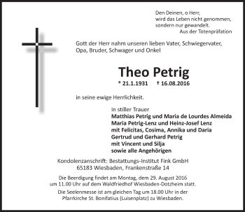 Traueranzeige von Theo Petrig von Trauerportal Rhein Main Presse