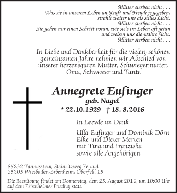 Traueranzeige von Annegrete Eufinger von Trauerportal Rhein Main Presse