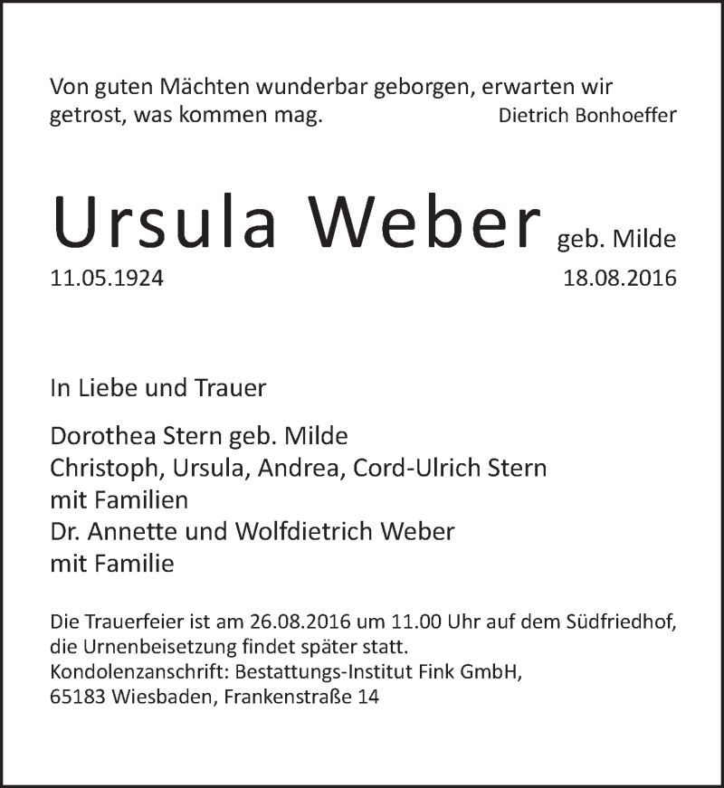  Traueranzeige für Ursula Weber vom 24.08.2016 aus Trauerportal Rhein Main Presse
