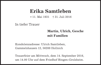 Traueranzeige von Erika Samtleben von Trauerportal Rhein Main Presse