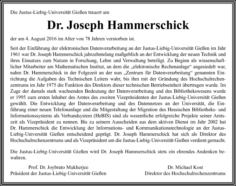  Traueranzeige für Joseph Hammerschick vom 13.08.2016 aus  Gießener Anzeiger