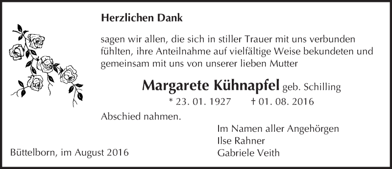  Traueranzeige für Margarete Kühnapfel vom 31.08.2016 aus Trauerportal Echo Online