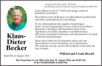 Traueranzeige von Klaus-Dieter Becker von  GT am Sonntag