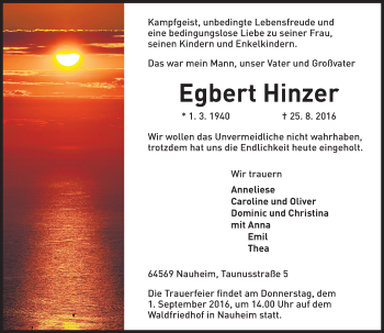 Traueranzeige von Egbert Hinzer von Trauerportal Rhein Main Presse
