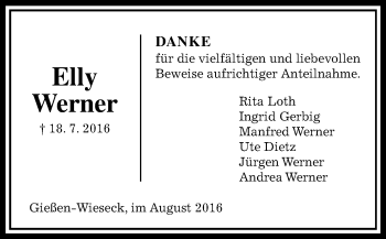 Traueranzeige von Elly Werner von  Gießener Anzeiger